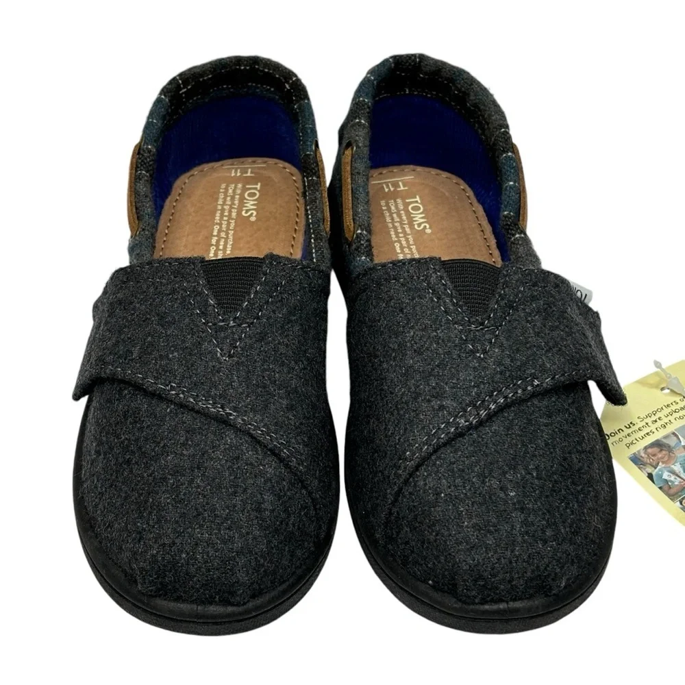New TOMS Tiny Bimini Alpargata Blue & Grey Tartan Plaid Slip On Size 11 MSRP $59